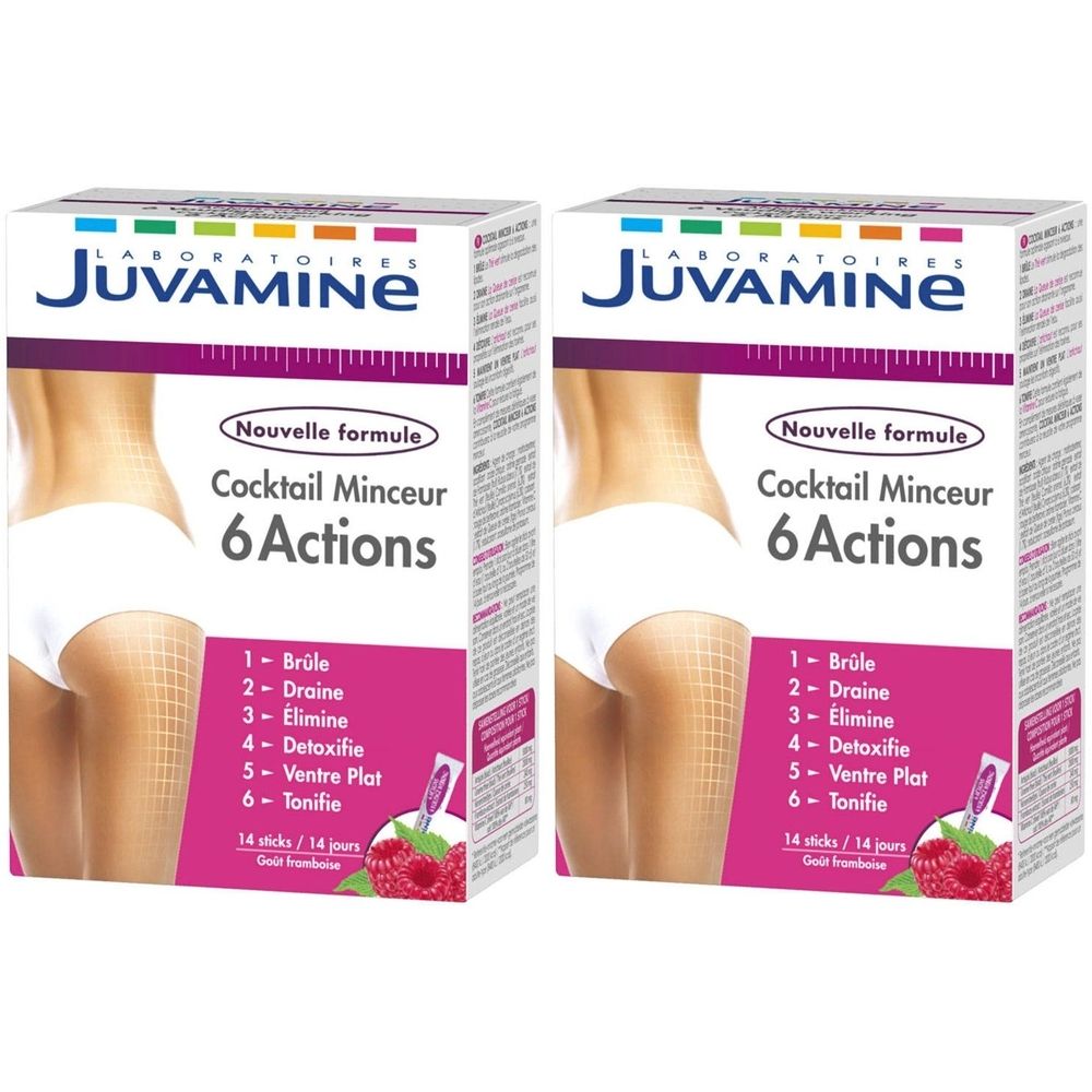 Deux boîtes de Juvamine Cocktail Minceur 6 Actions. Nouvelle formule, 6 actions, 14 sticks. Vue arrière d'une femme. Saveur framboise.