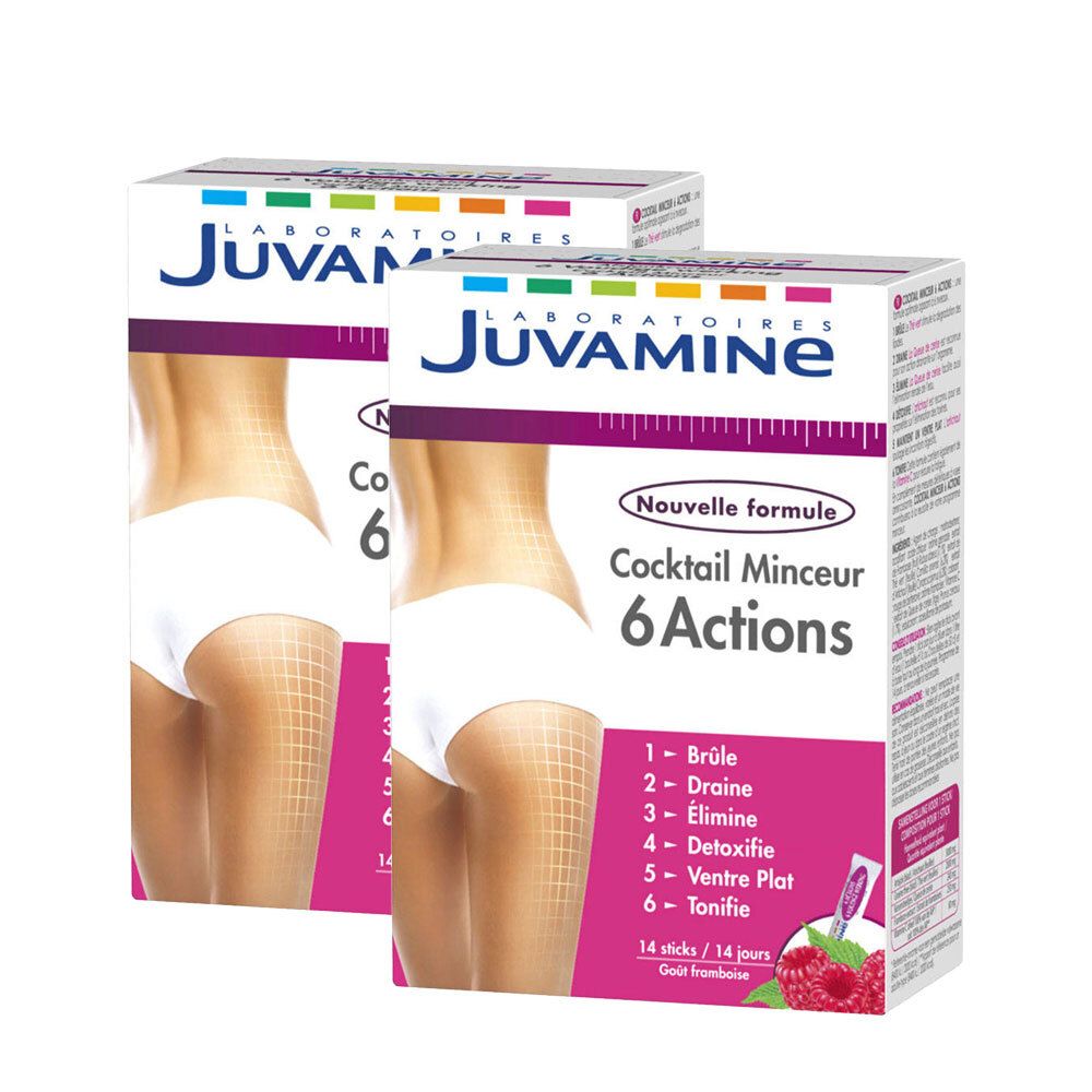 Deux boîtes de Juvamine Cocktail Minceur 6 Actions. Nouvelle formule, 6 actions, 14 sticks. Femme de dos. Inscription: 1+1 GRATUIT.
