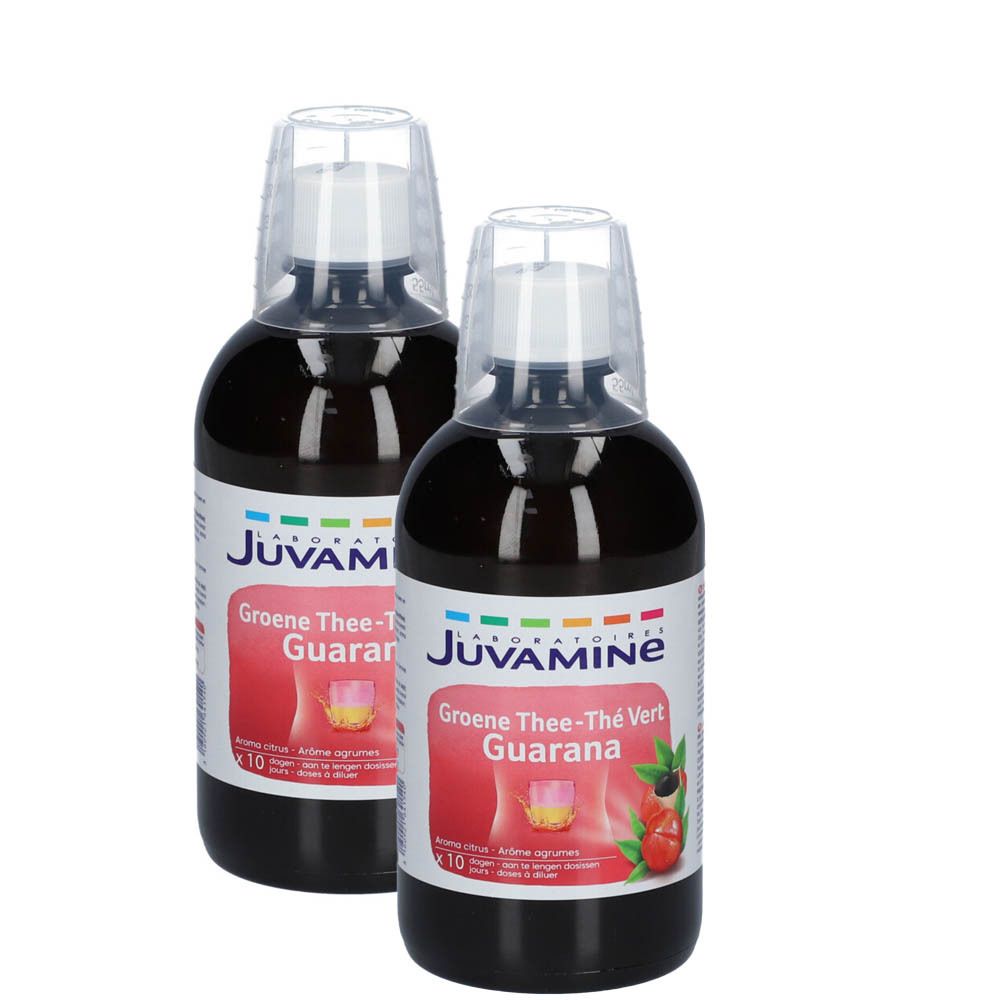 Deux flacons de liquide. Inscription: Juvamine, Thé Vert Guarana. Étiquettes rouges avec illustrations. Bouchons transparents. 1+1 GRATUIT.