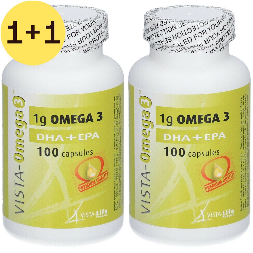 Deux boîtes de VISTA-Omega 3. Inscription: 1g Omega 3, DHA+EPA, 100 caps/Kaps. 1+1 GRATUIT. Premium Quality.