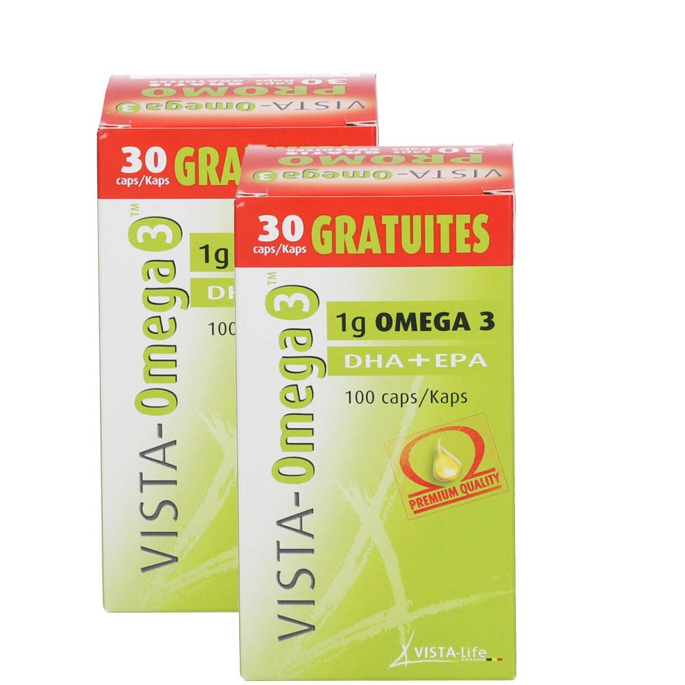Deux boîtes de VISTA-Omega 3. Inscription: 1g Omega 3, DHA+EPA, 100 caps/Kaps. 1+1 GRATUIT. Premium Quality.