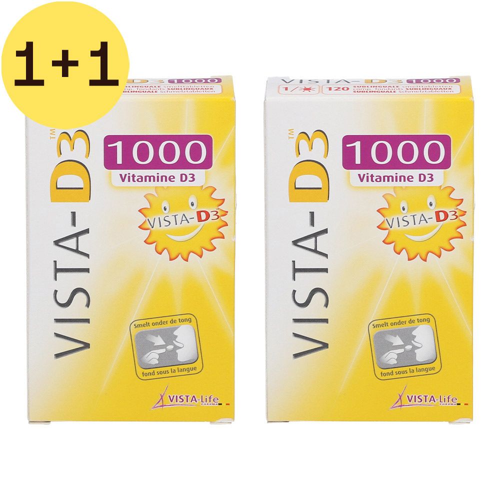 Deux boîtes de VISTA-D3 1000 Vitamine D3. Emballage jaune et blanc avec nom et logo du produit. Inscription '2=1'.