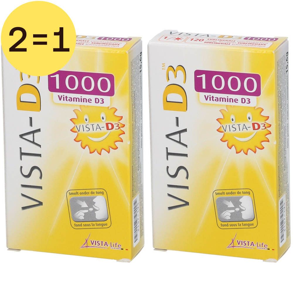 Deux boîtes de VISTA-D3 1000 Vitamine D3. Emballage jaune et blanc avec nom et logo du produit. Inscription '2=1'.