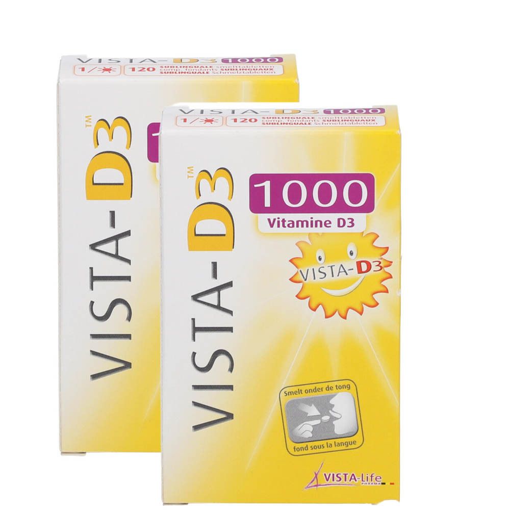Deux boîtes de VISTA-D3 1000 Vitamine D3. Emballage jaune et blanc avec nom et logo du produit.