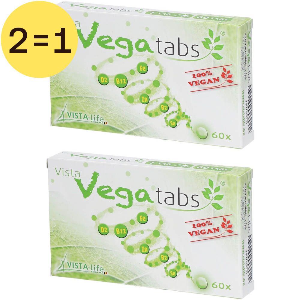 Deux boîtes de Vista Vega tabs. Inscription '2=1'. Sur chaque boîte: 'Vista Vega tabs', '100% Vegan', '60x'.