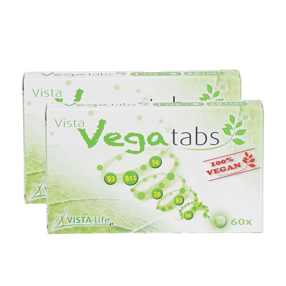 Deux boîtes de Vista Vega tabs. Sur chaque boîte: 'Vista Vega tabs', '100% Vegan', '60x'.