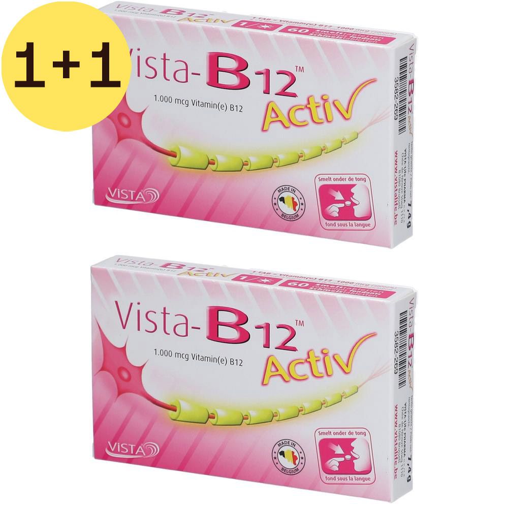 Deux boîtes de Vista B-12 Activ avec un autocollant jaune 1+1. Boîtes blanches avec des accents roses et des informations sur le produit. Contient de la vitamine B12.
