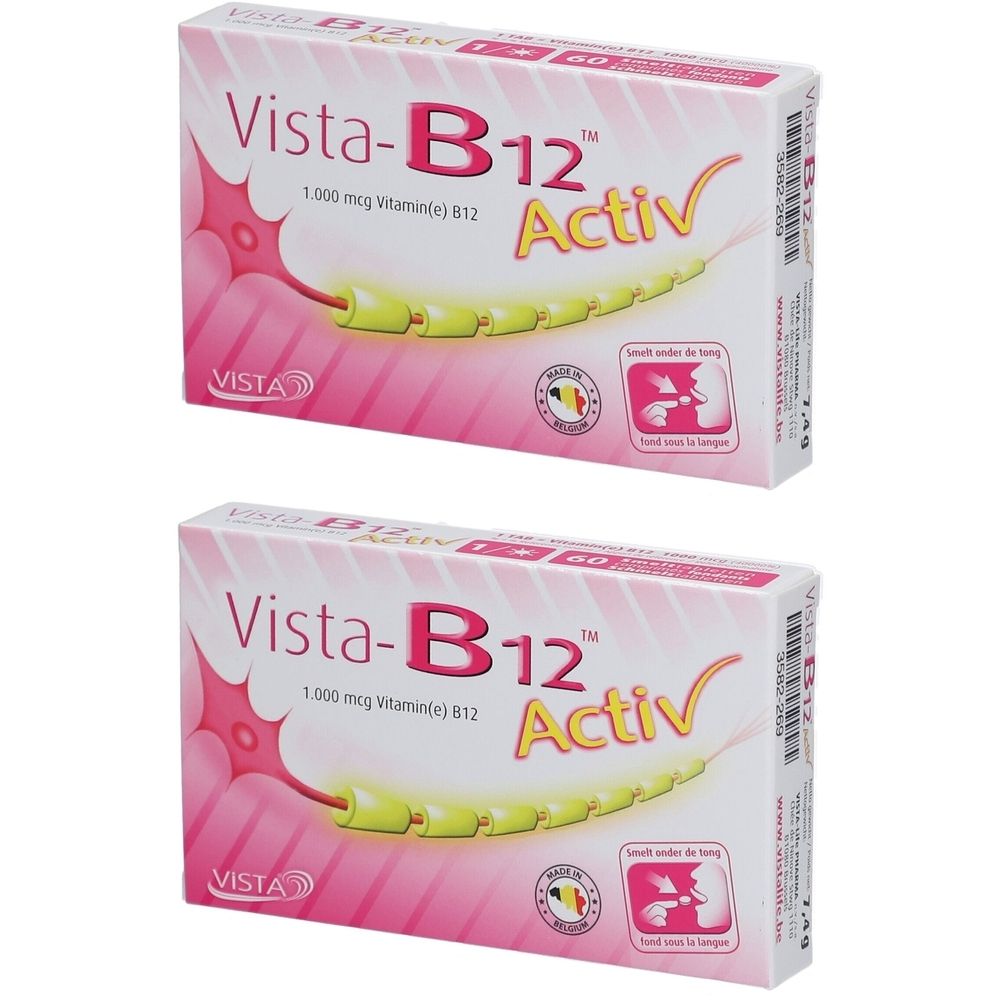 Deux boîtes de Vista B-12 Activ. Boîtes blanches avec des accents roses et des informations sur le produit. Contient de la vitamine B12.