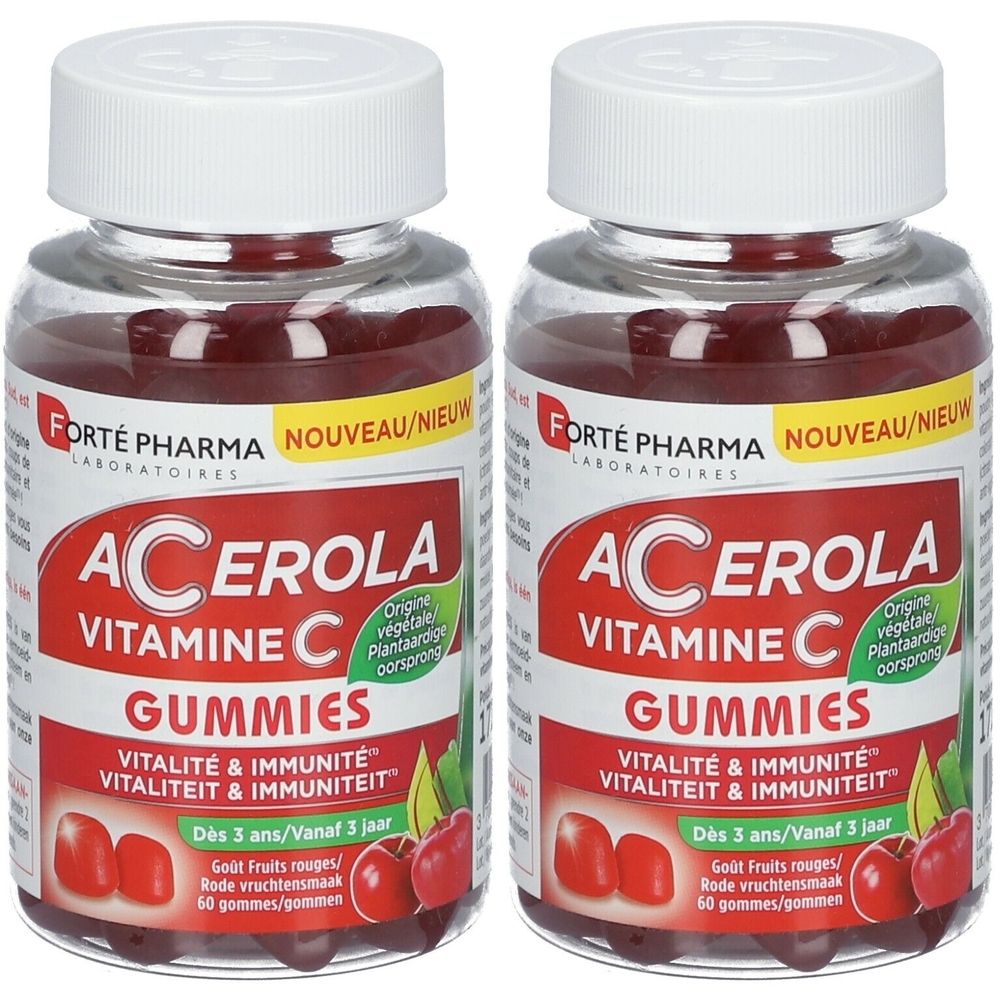 Deux flacons de gummies Acerola vitamine C. Récipients transparents avec bouchons blancs. Étiquettes rouges avec informations.