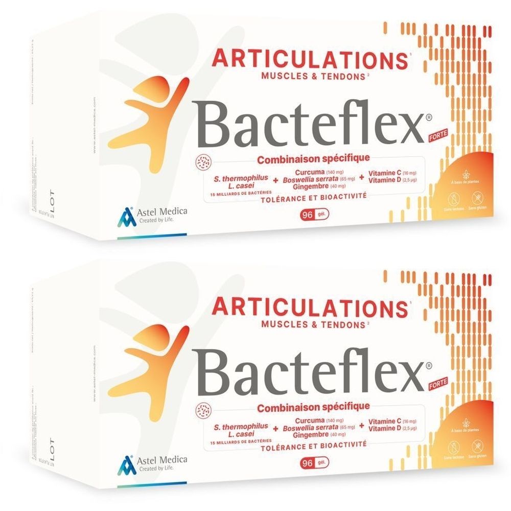 Deux boîtes de Bacteflex® Forte. Boîtes blanches avec texte rouge et orange. Inscription: Articulations, Muscles & Tendons.