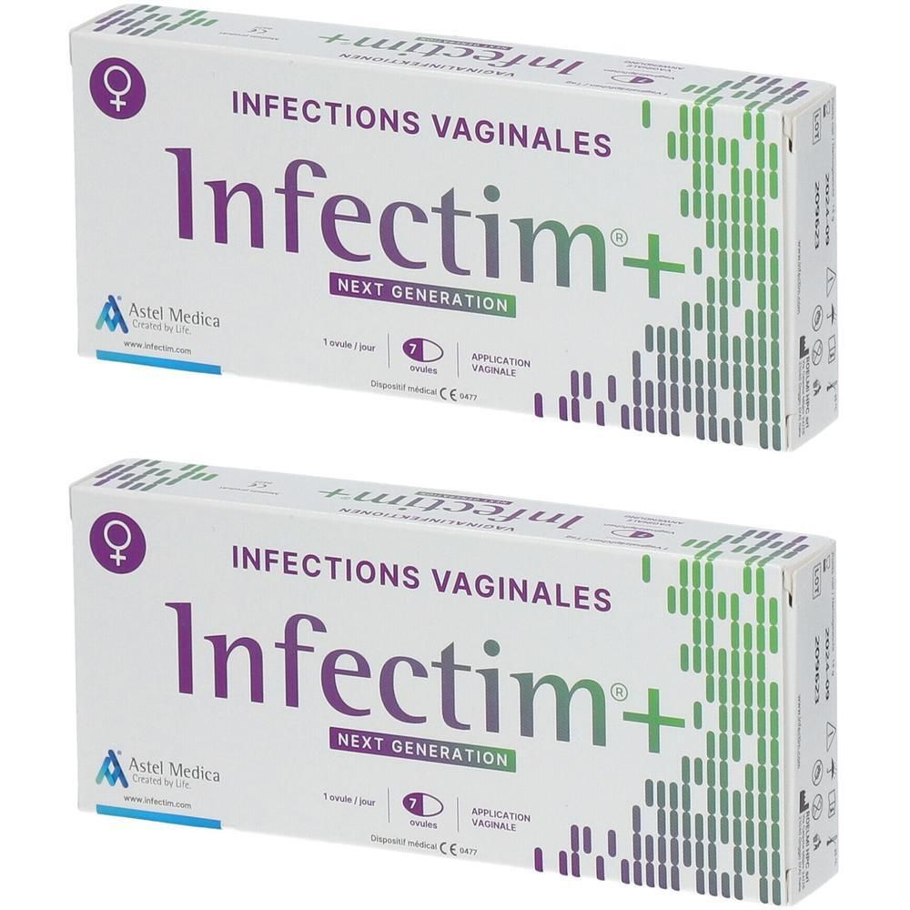 Deux boîtes d'Infectim+ avec 'Infections vaginales'. Logo Astel Medica. Emballage vert et blanc.