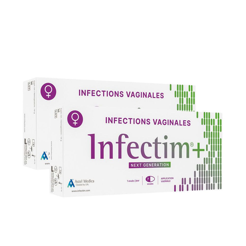 Deux boîtes d'Infectim+ avec 'Infections vaginales'. Logo Astel Medica. Emballage vert et blanc.