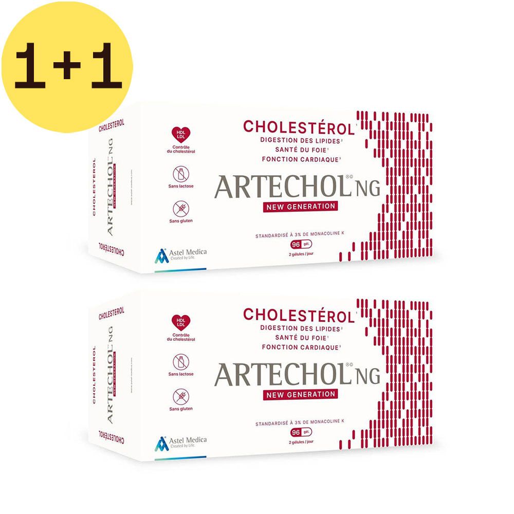 Deux boîtes d'Artechol® NG. Inscription : Cholestérol, digestion des lipides, santé du foie, fonction cardiaque. 1+1 gratuit.