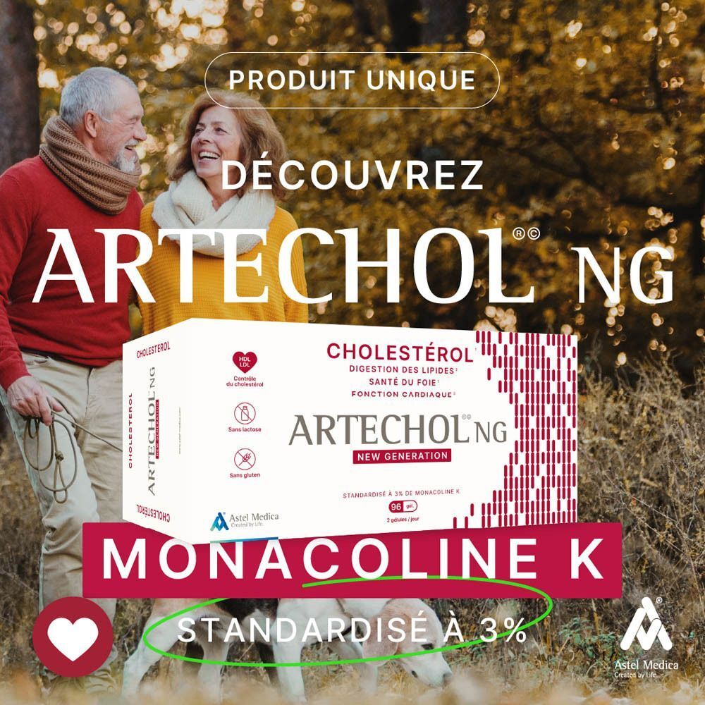 Publicité pour Artechol® NG. Personnes en extérieur. Inscription : Découvrez Artechol® NG, Monacoline K, Standardisé à 3%.