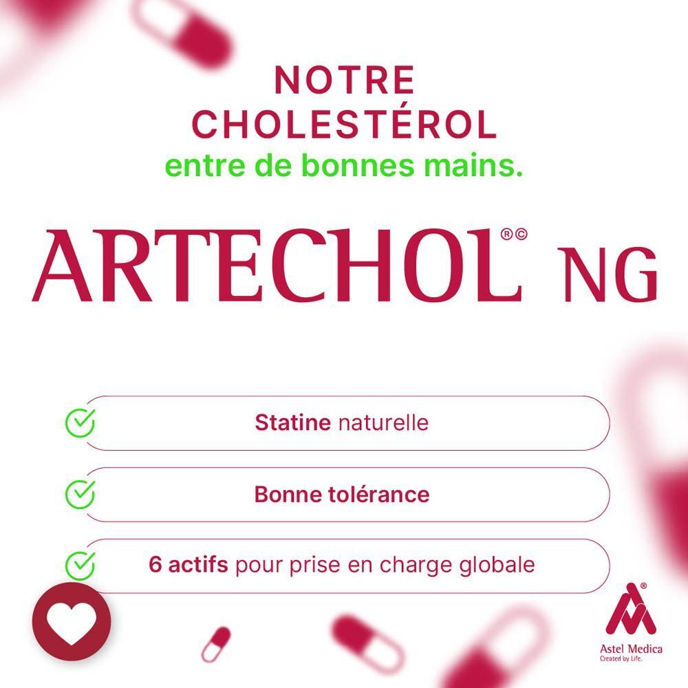 Artechol® NG. Inscription : Statine naturelle, Bonne tolérance, 6 actifs pour prise en charge globale. Logo Astel Medica.