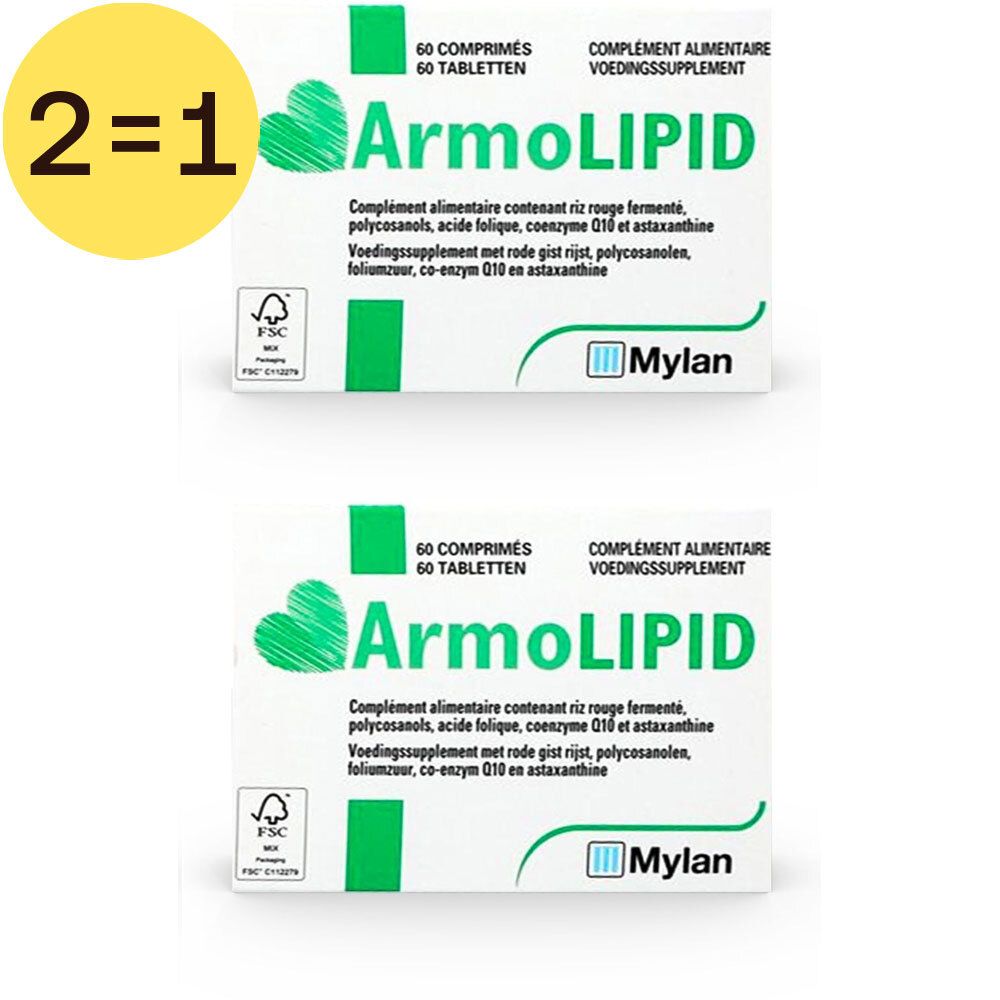 Deux boîtes de comprimés Armolipid. Inscription : 60 comprimés. Logo FSC. Logo Mylan. Offre 2=1.