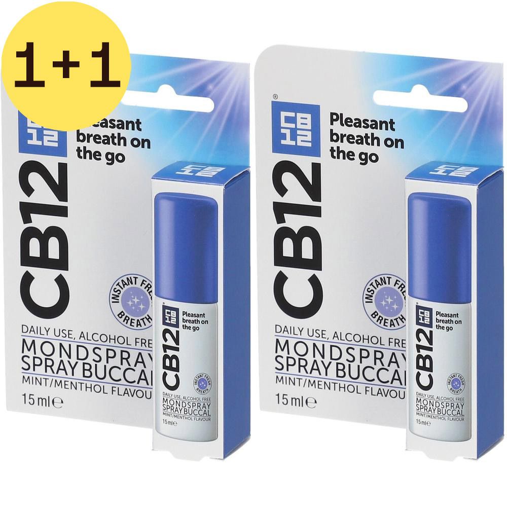Deux packs de spray buccal CB12. Flacons bleus dans un emballage blanc et bleu. Inscription : 2=1, CB12, spray buccal, 15 ml.