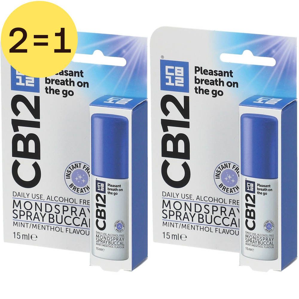 Deux packs de spray buccal CB12. Flacons bleus dans un emballage blanc et bleu. Inscription : 2=1, CB12, spray buccal, 15 ml.