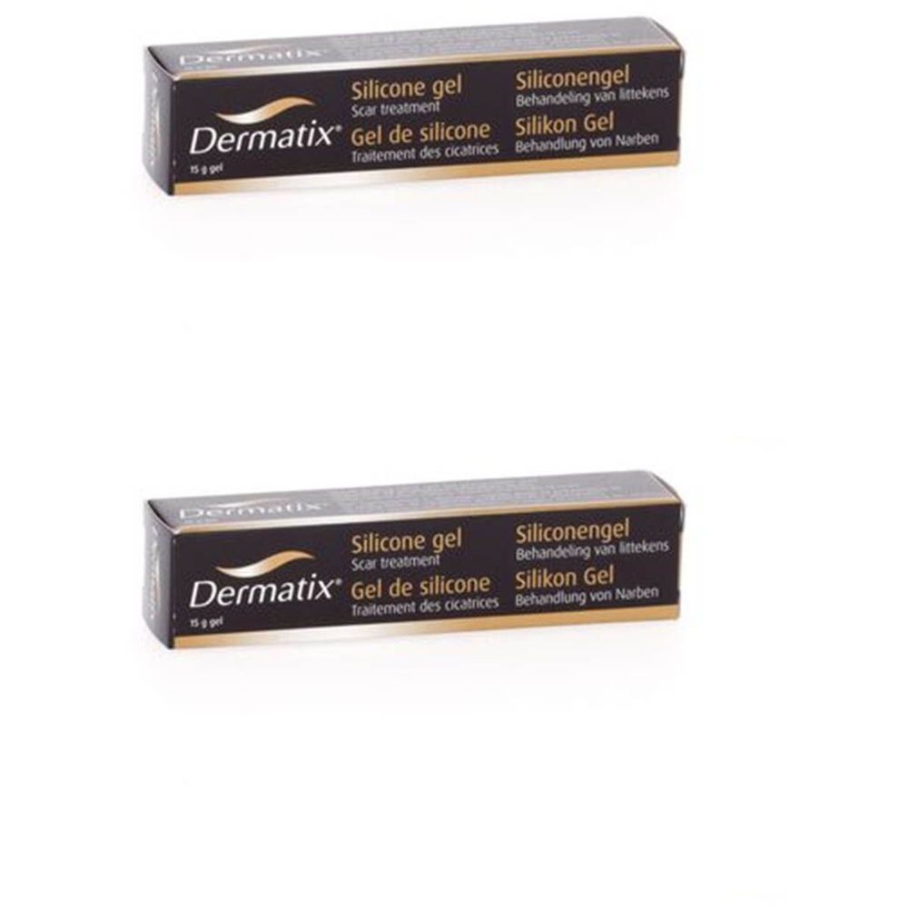 Deux boîtes de Dermatix Gel de Silicone. Emballage noir avec texte blanc. Contient 15g de gel. Informations multilingues sur le produit.