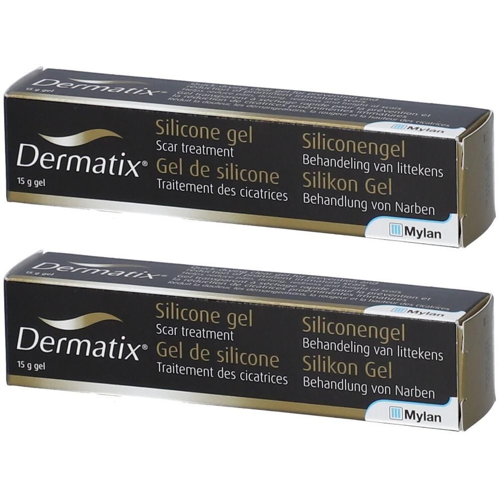 Deux boîtes de Dermatix Gel de Silicone. Emballage noir avec texte blanc. Contient 15g de gel. Informations multilingues sur le produit.