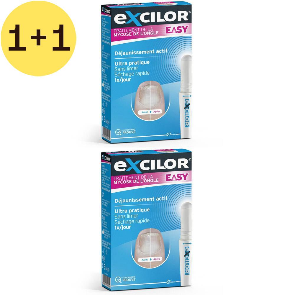 Deux boîtes Excilor Easy. Emballage bleu avec produit et applicateur. Texte: Traitement de la mycose de l'ongle.