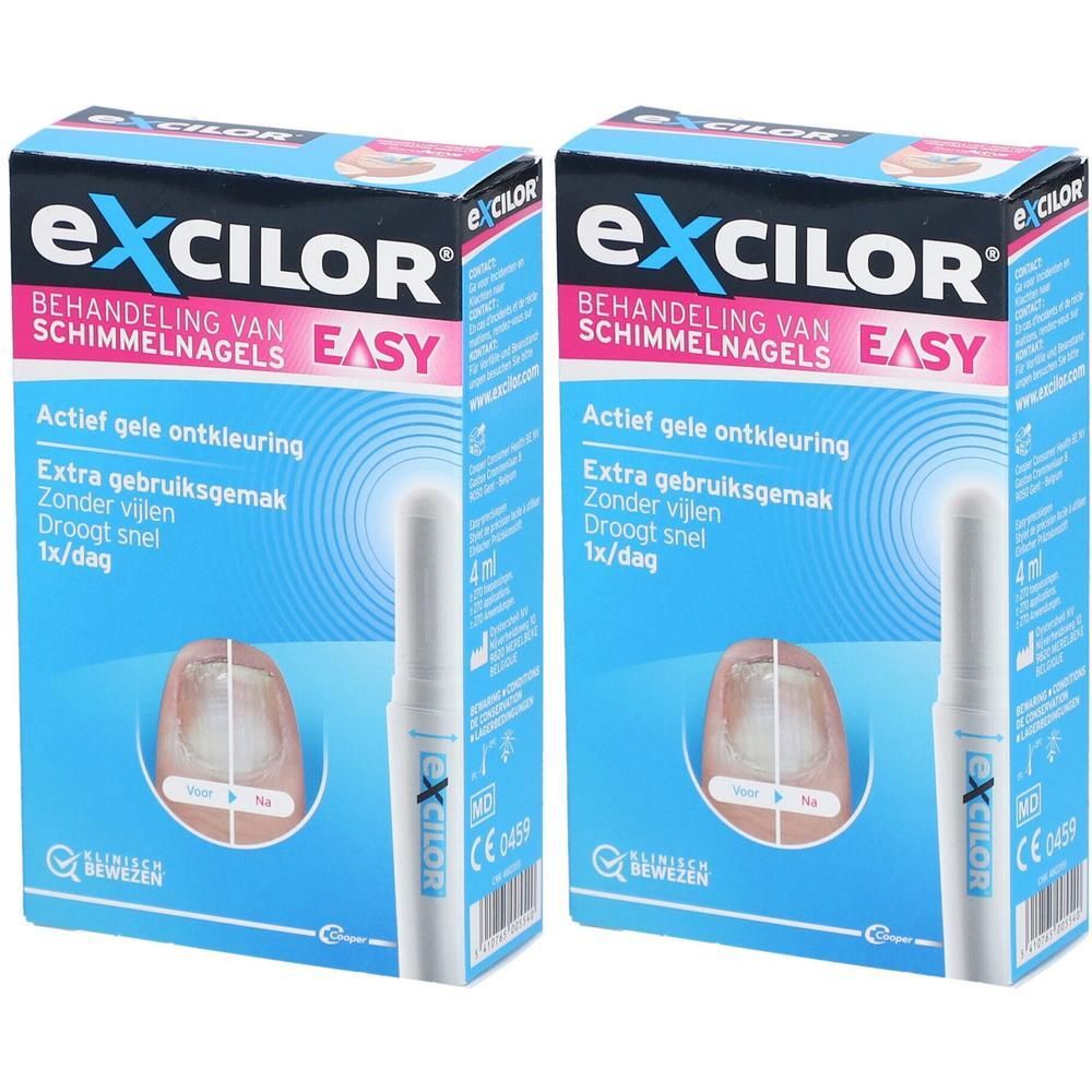 Deux boîtes Excilor Easy. Emballage bleu avec produit et applicateur. Texte: Traitement de la mycose de l'ongle.