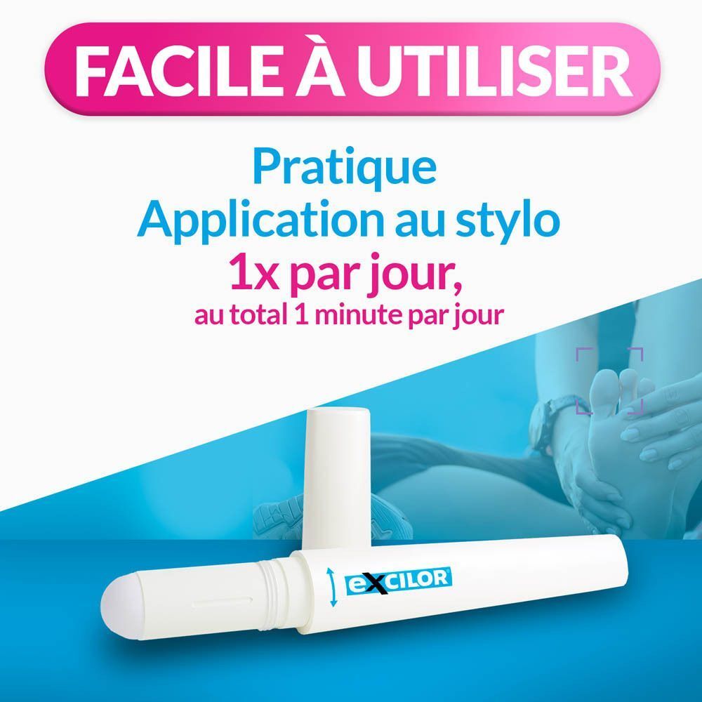 Deux boîtes Excilor Easy. Emballage bleu avec produit et applicateur. Texte: Traitement de la mycose de l'ongle.