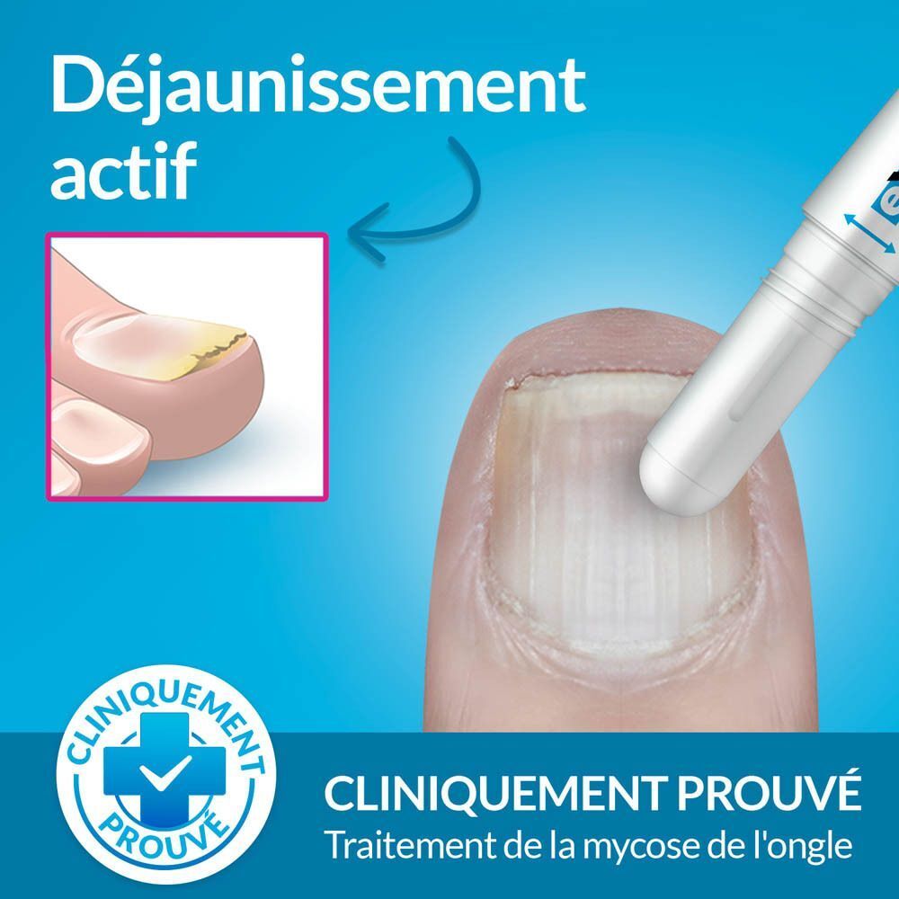 Applicateur blanc avec bouchon et texte: Excilor. Bannière rose: Facile à utiliser. Application au stylo.