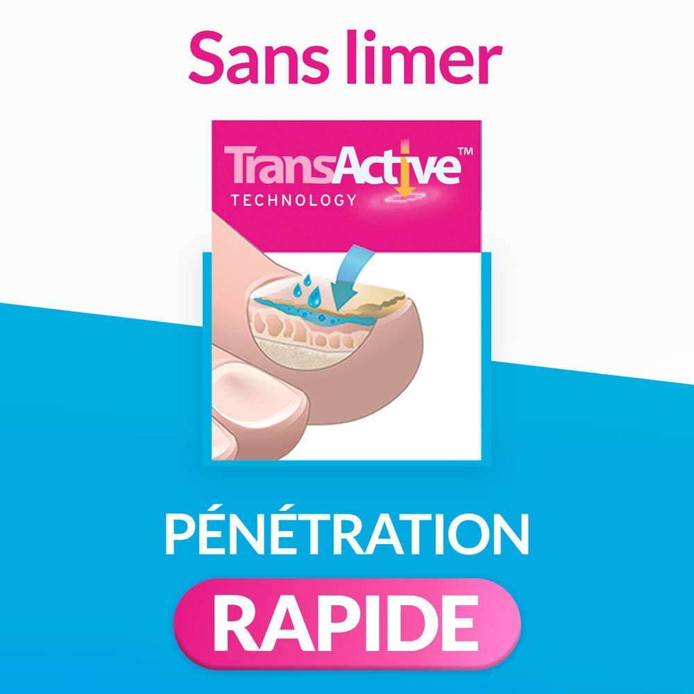 Ongle avec mycose. Applicateur blanc. Texte: Cliniquement prouvé. Traitement de la mycose de l'ongle.