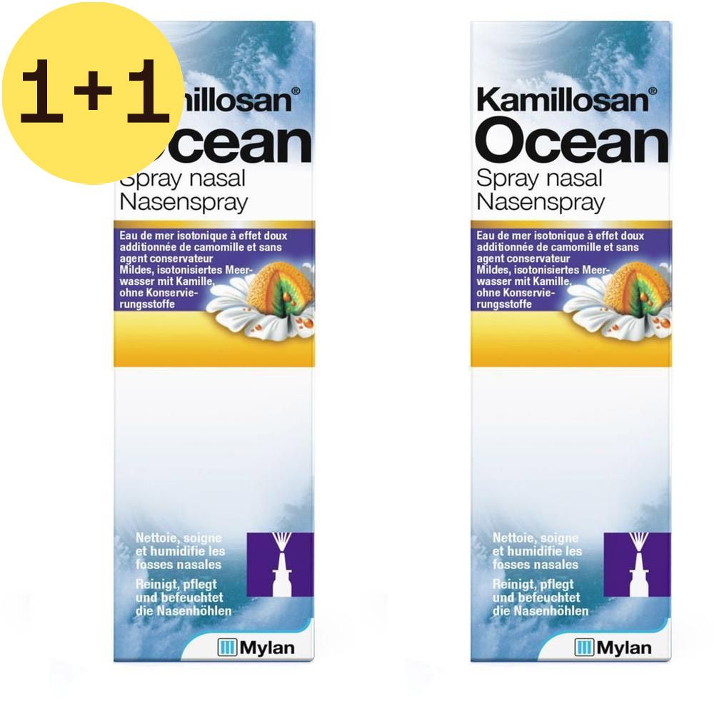 Deux boîtes de spray nasal Kamillosan Ocean. Inscription: 1+1 GRATUIT.