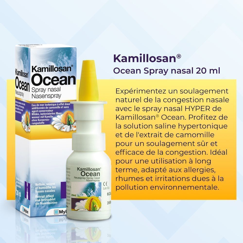 Kamillosan Ocean spray nasal et emballage. Produit à côté du texte. Texte: Kamillosan Ocean, 20 ml.