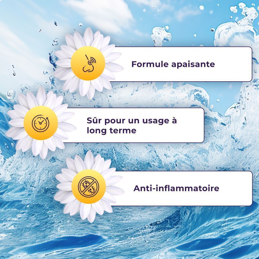 Trois marguerites avec texte. Texte: Formule apaisante, utilisation à long terme, anti-inflammatoire.