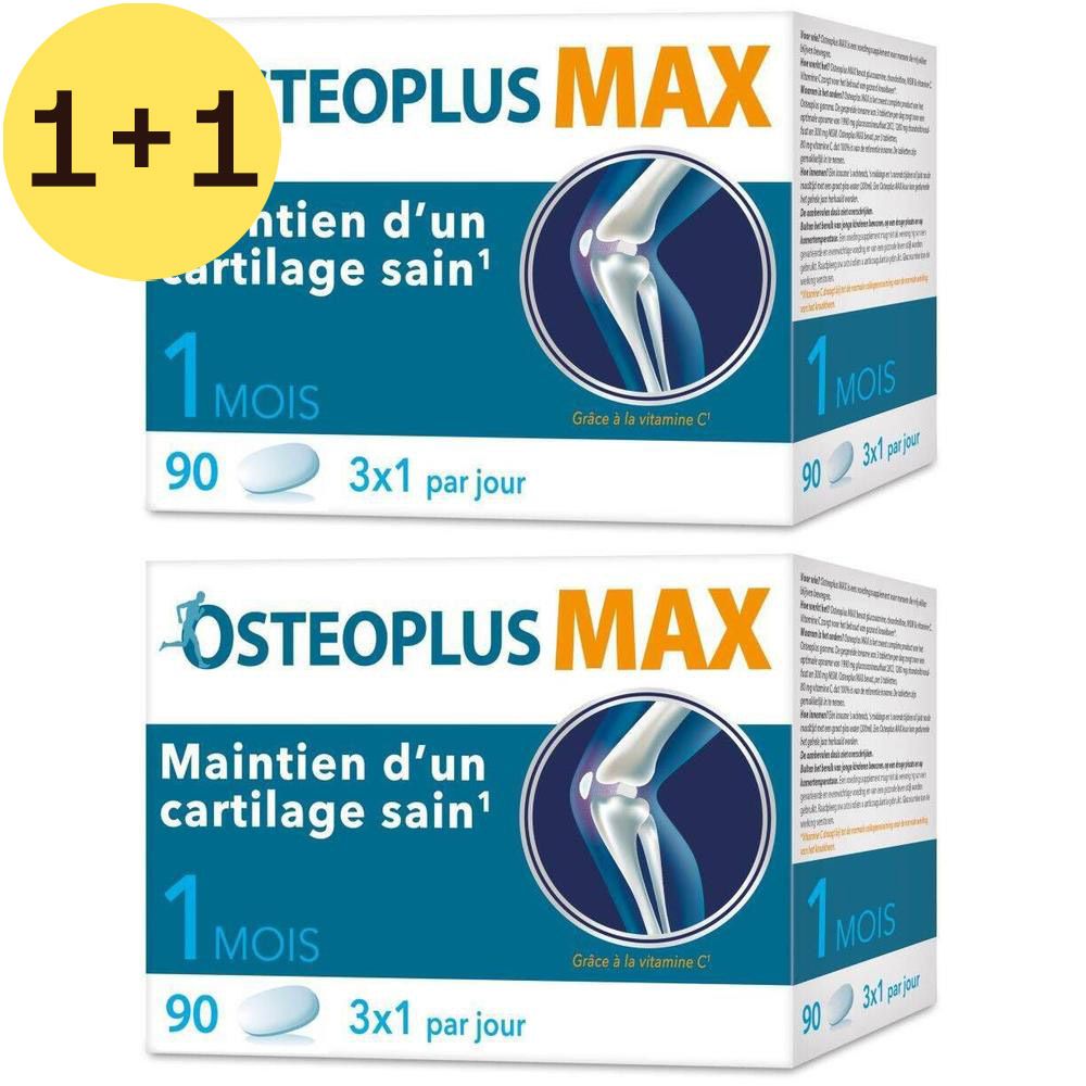 Deux boîtes d'Osteoplus MAX. Inscription : 2=1. Contient 90 comprimés. 1 mois. 3x par jour. Contient glucosamine, chondroïtine, MSM, vitamine C.