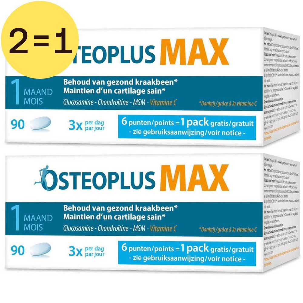 Deux boîtes d'Osteoplus MAX. Inscription : 2=1. Contient 90 comprimés. 1 mois. 3x par jour. Contient glucosamine, chondroïtine, MSM, vitamine C.