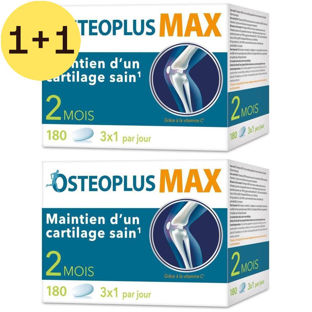 Deux boîtes d'Osteoplus MAX. Inscription : 2=1. 2 mois, 180 comprimés. Contient de la glucosamine, de la chondroïtine, du MSM, de la vitamine C.