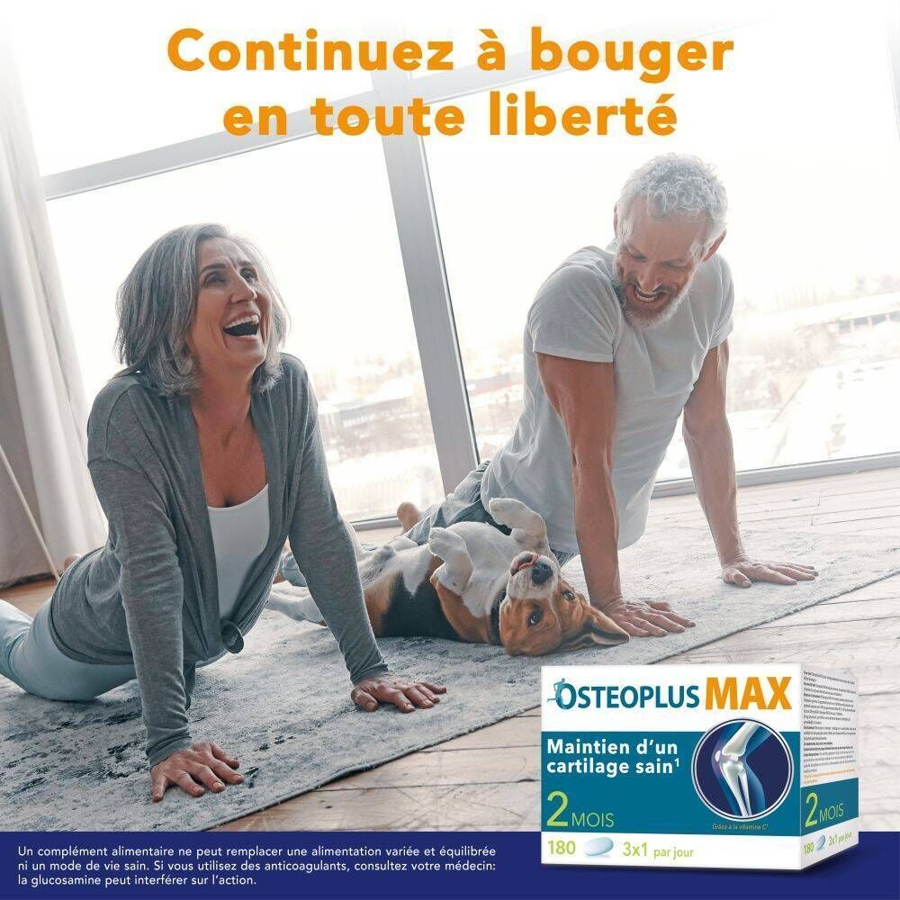 Un couple de personnes âgées s'entraîne dans le salon. Boîte d'Osteoplus MAX au premier plan. Texte : Continuez à bouger librement.