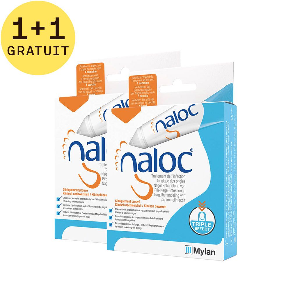 Deux boîtes Naloc, emballage bleu avec image et texte du produit. Contient un tube.