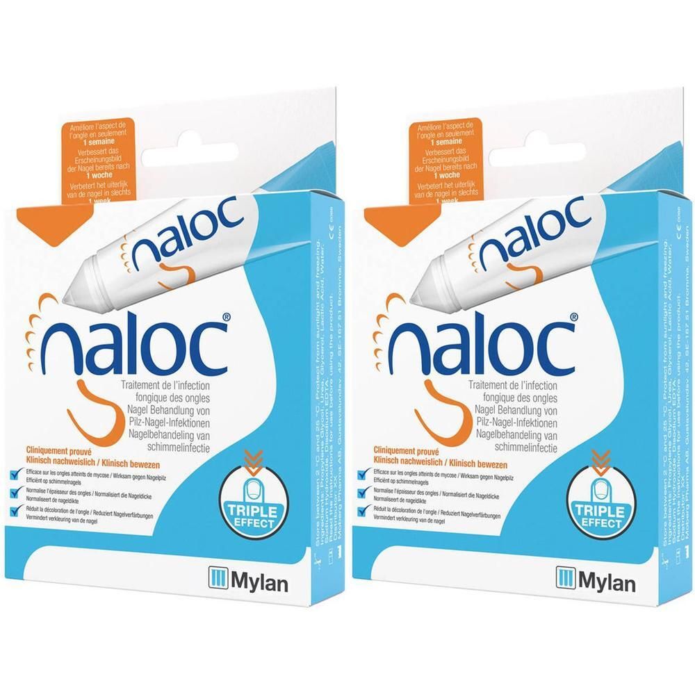 Deux boîtes Naloc, emballage bleu avec image et texte du produit. Contient un tube.