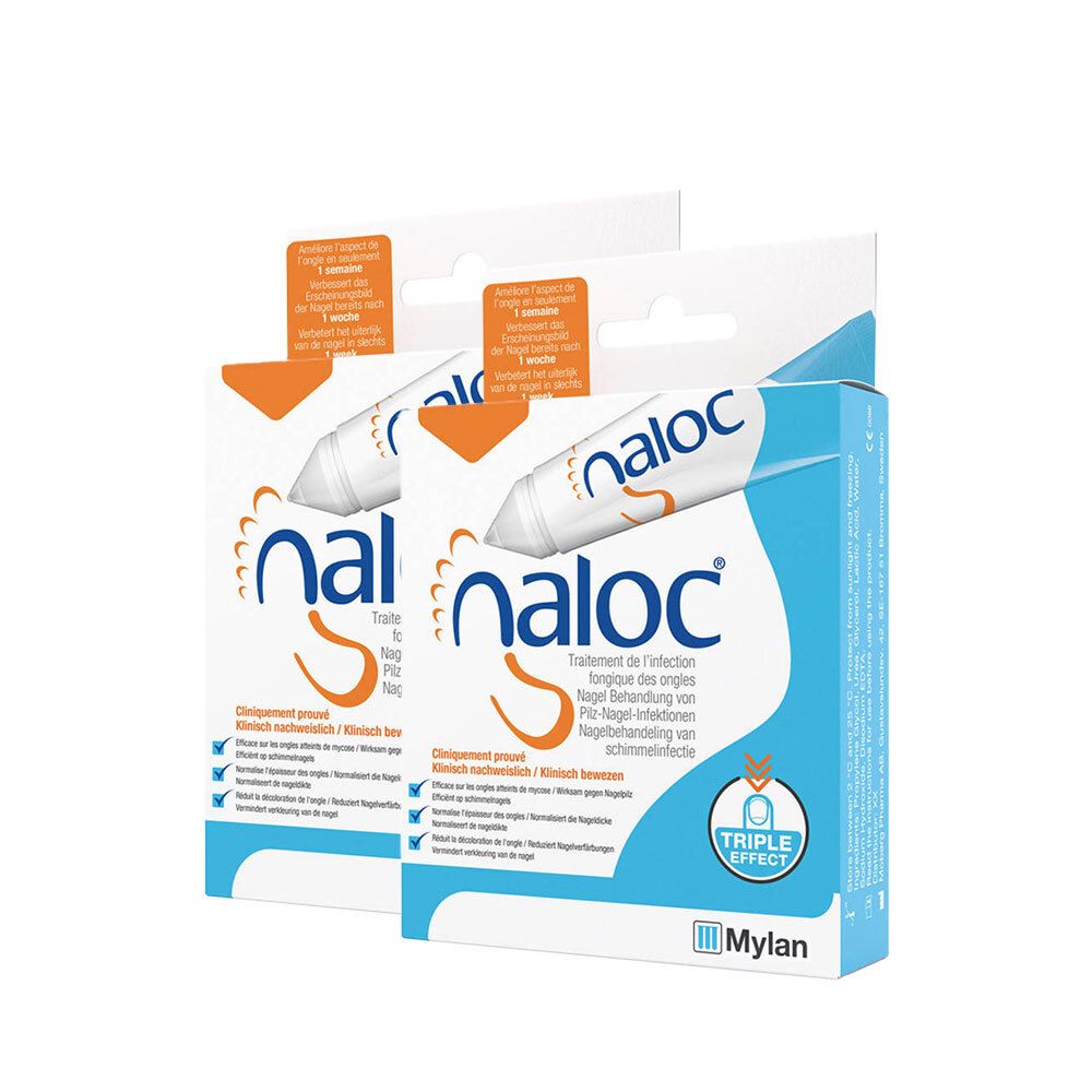 Deux boîtes Naloc, emballage bleu avec image et texte du produit. Contient un tube.