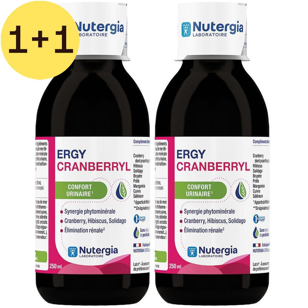 Deux flacons d'Ergycranberryl. Liquide noir dans des bouteilles marron. Étiquette avec informations produit et marque Nutergia.