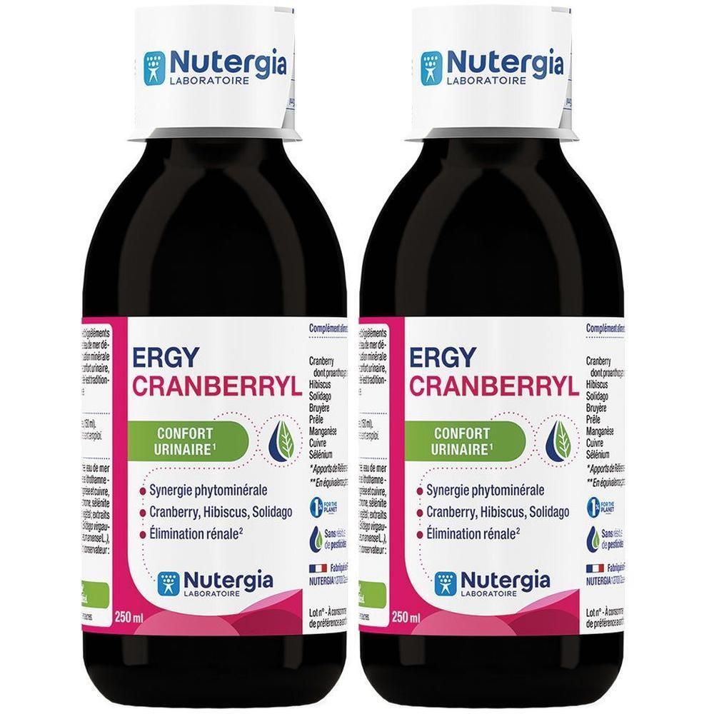 Deux flacons d'Ergycranberryl. Liquide noir dans des bouteilles marron. Étiquette avec informations produit et marque Nutergia.