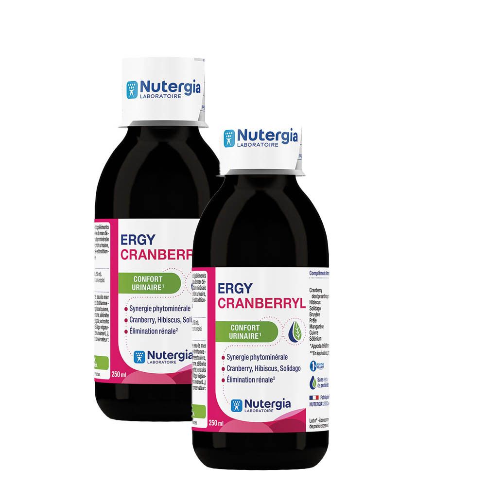 Deux flacons d'Ergycranberryl avec autocollant '1+1 gratuit'. Liquide noir en bouteilles marron. Marque Nutergia.