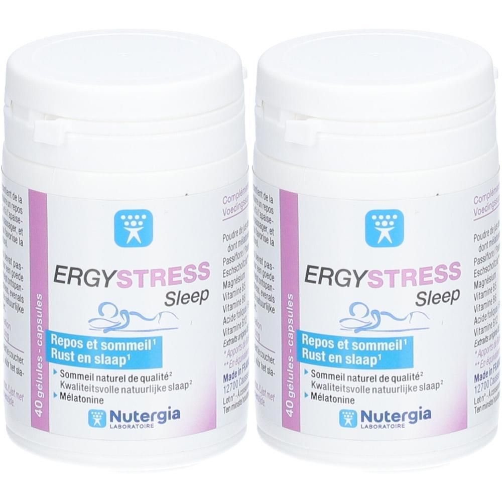 Deux flacons blancs avec étiquette violette. Inscription: ERGYSTRESS Sleep, 40 gélules. Marque: Nutergia.