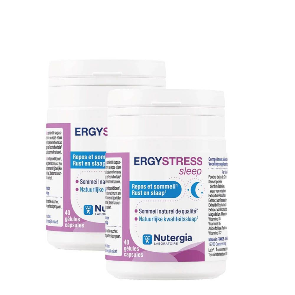 Deux flacons blancs avec étiquette violette. Inscription: ERGYSTRESS Sleep, 40 gélules. Marque: Nutergia.