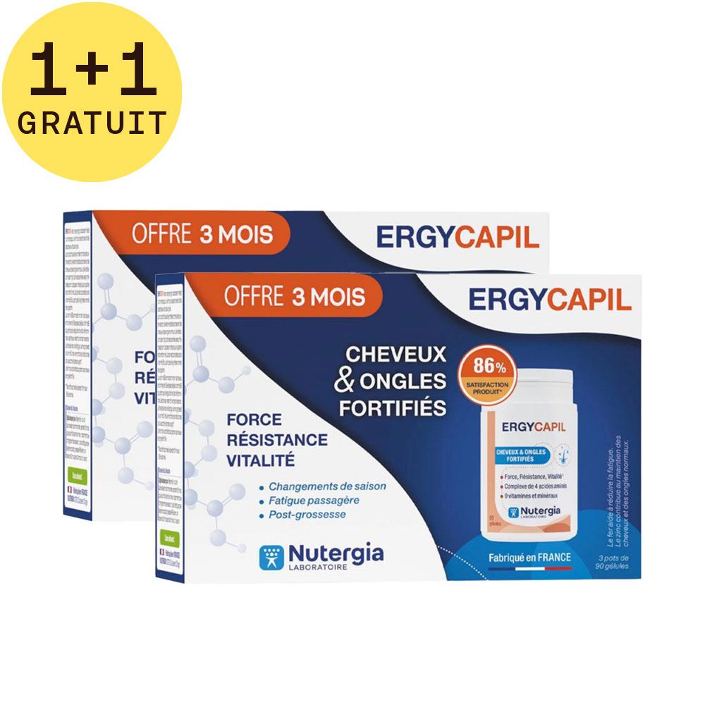 Deux boîtes Ergycapil TRIO. Inscription : Cheveux & Ongles, Force, Résistance, Vitalité. Marque Nutergia. Contient des gélules.