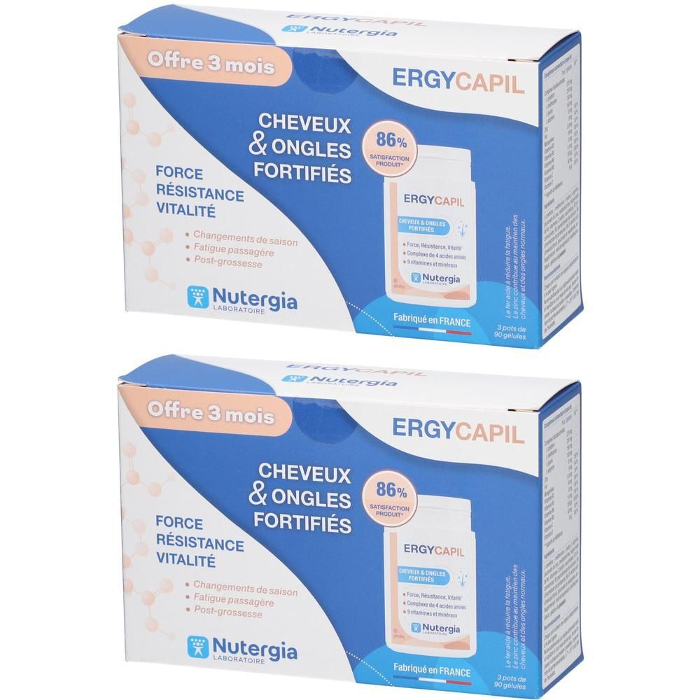 Deux boîtes Ergycapil TRIO. Inscription : Cheveux & Ongles, Force, Résistance, Vitalité. Marque Nutergia. Contient des gélules.
