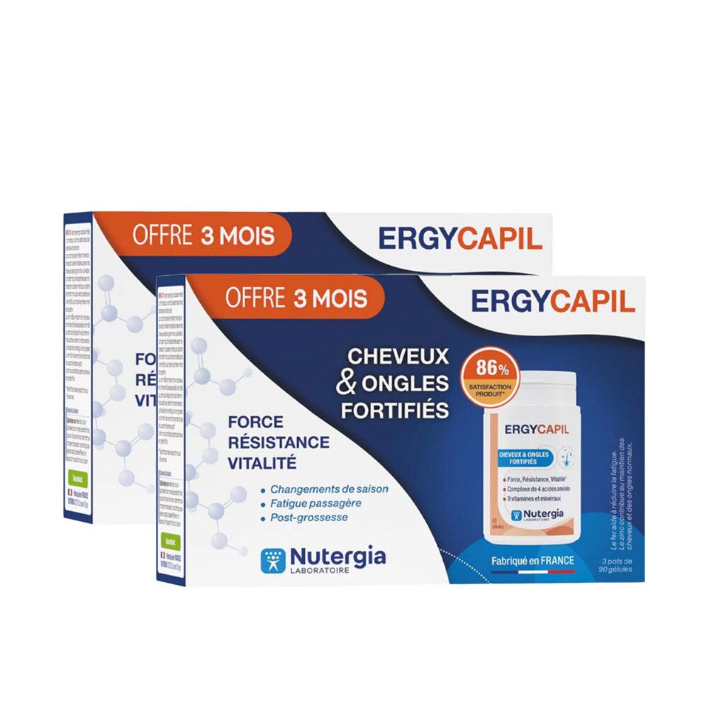 Deux boîtes Ergycapil TRIO. Inscription : Cheveux & Ongles, Force, Résistance, Vitalité. Marque Nutergia. Contient des gélules.