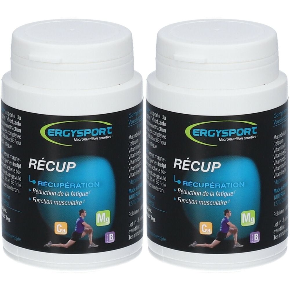 Deux flacons blancs Ergysport Recup, étiquettes bleues. Inscription: Récup, Récupération, Réduction de la fatigue, Fonction musculaire.