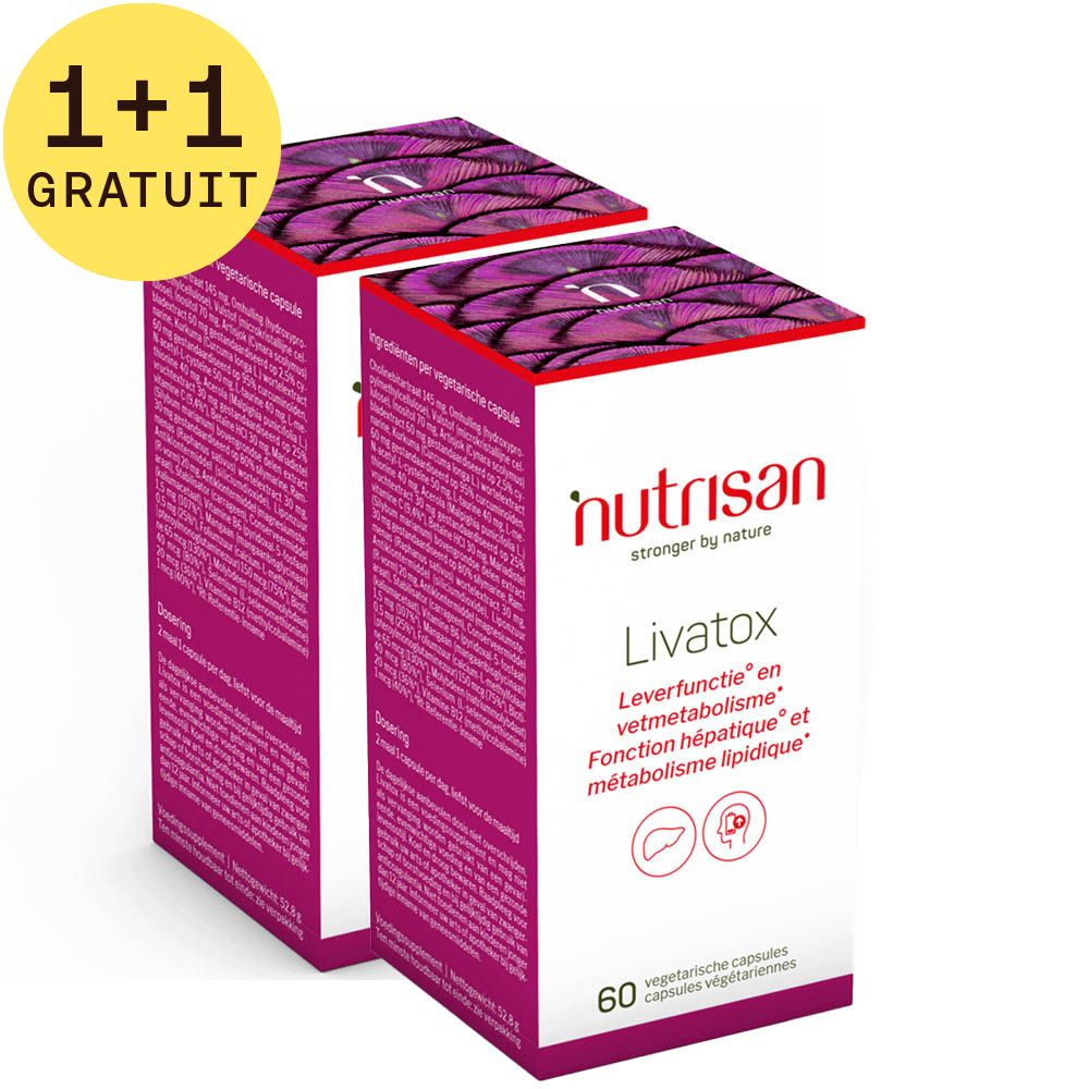 Deux boîtes Nutrisan Livatox. Inscription: Fonction hépatique, métabolisme. 60 gélules végétales. Marque Nutrisan.
