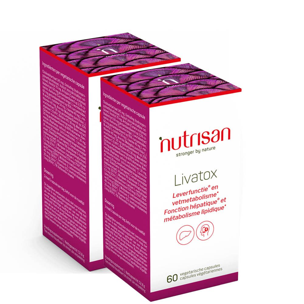 Deux boîtes Nutrisan Livatox avec autocollant 1+1 gratuit. Inscription: Fonction hépatique, métabolisme. 60 gélules végétales. Marque Nutrisan.